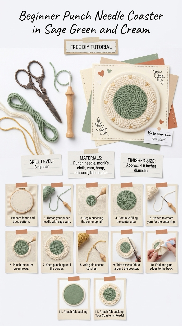 Beginner Punch Needle Coaster in Sage Green and Cream