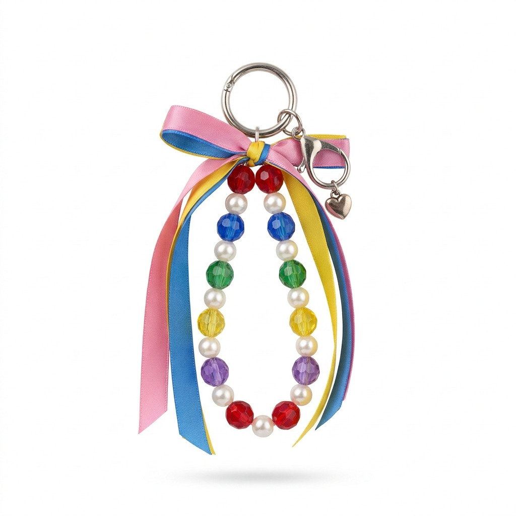 DIY Beaded Bag Charm Keychain With Ribbon and Pearls