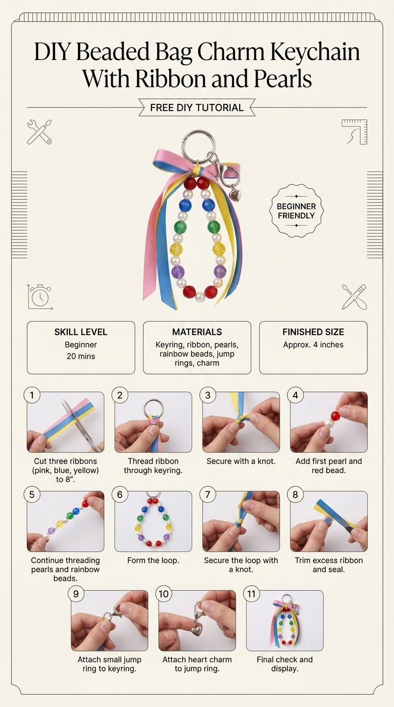 DIY Beaded Bag Charm Keychain With Ribbon and Pearls