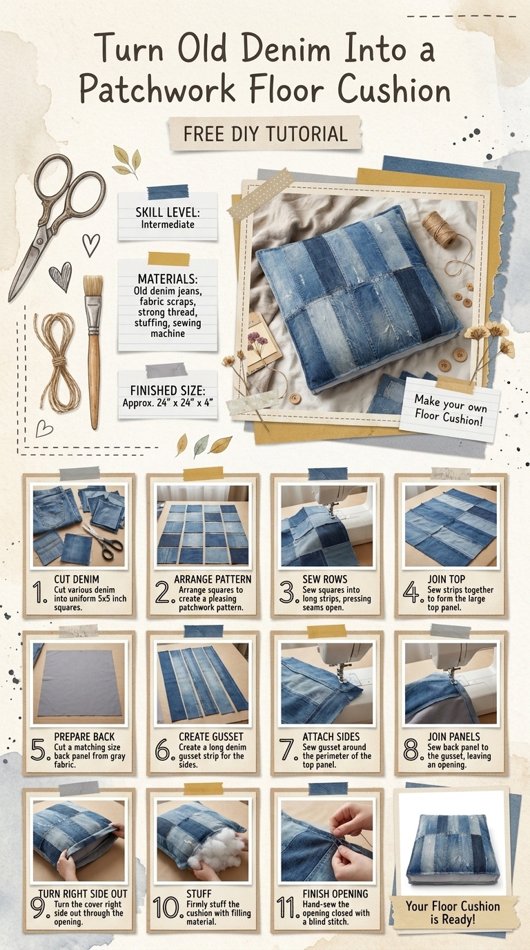 Turn Old Denim Into a Patchwork Floor Cushion — An Easy DIY Anyone Can Do